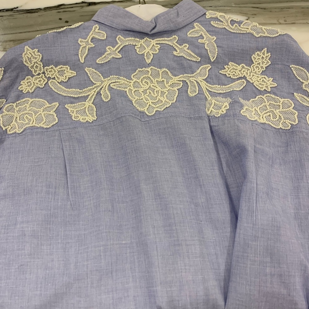 Designer Chambray Linen Handbeaded Button Down To… - image 1